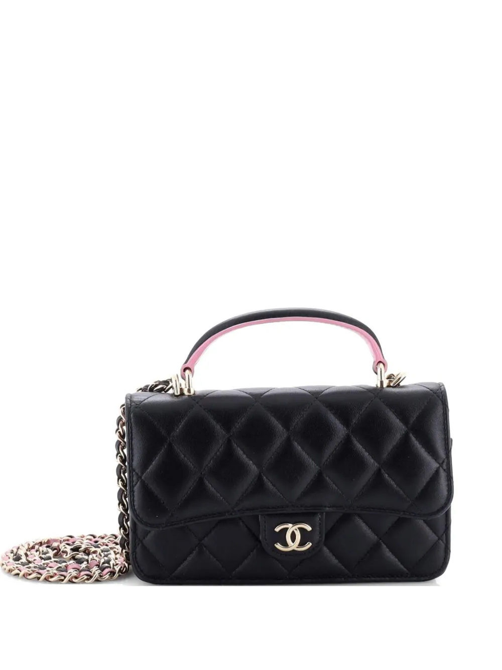 CHANEL Pre-Owned Classic Top Handle Flap Phone Holder with Chain Quilted Lambskin crossbody bag - Nero