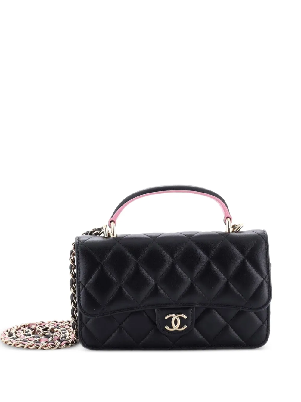 CHANEL Pre-Owned Classic Top Handle Flap Phone Holder with Chain Quilted Lambskin crossbody bag - Nero