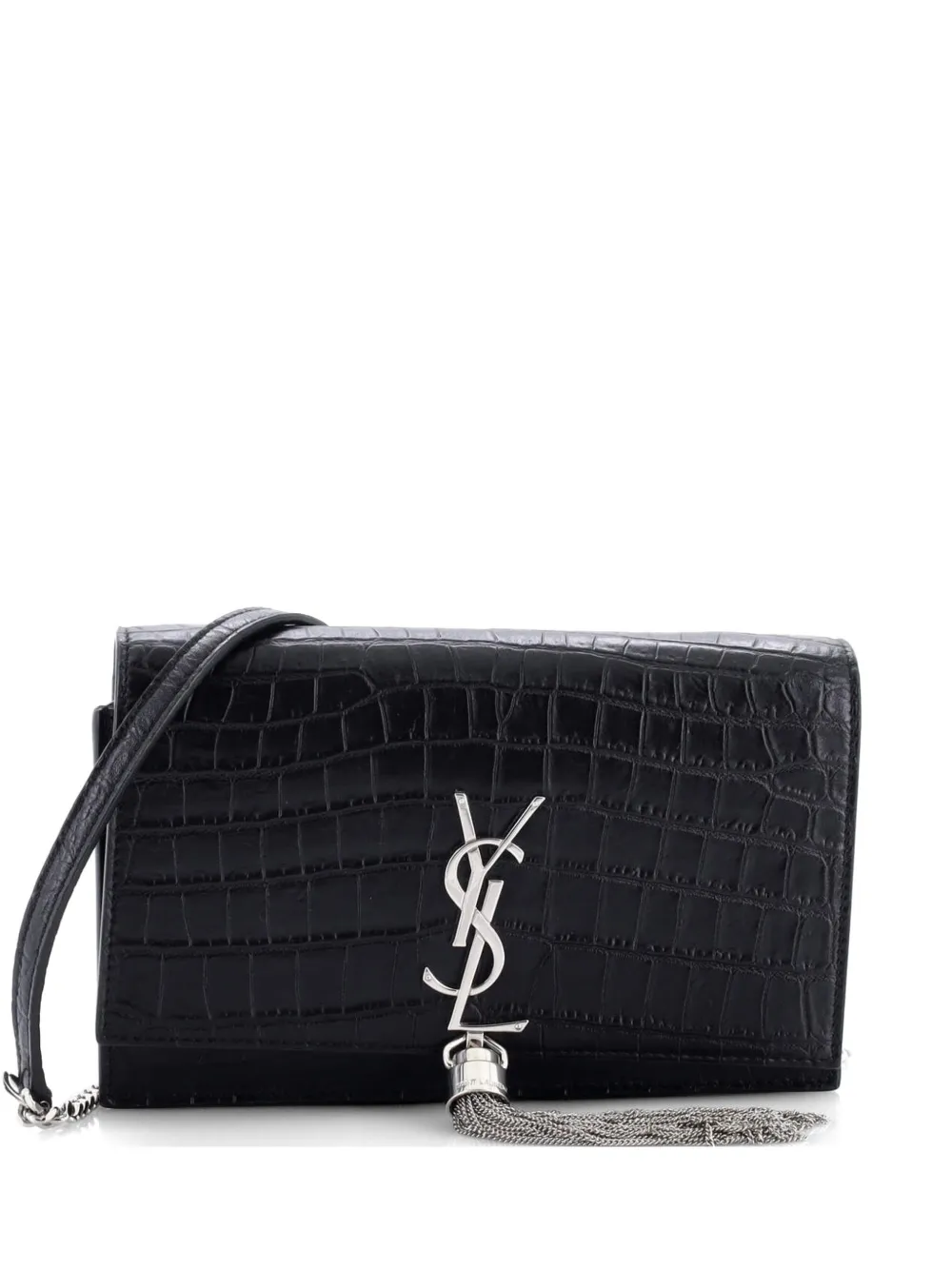 Saint Laurent Pre-Owned Classic Monogram Tassel Chain Wallet Crocodile Embossed Leather crossbody bag - Nero