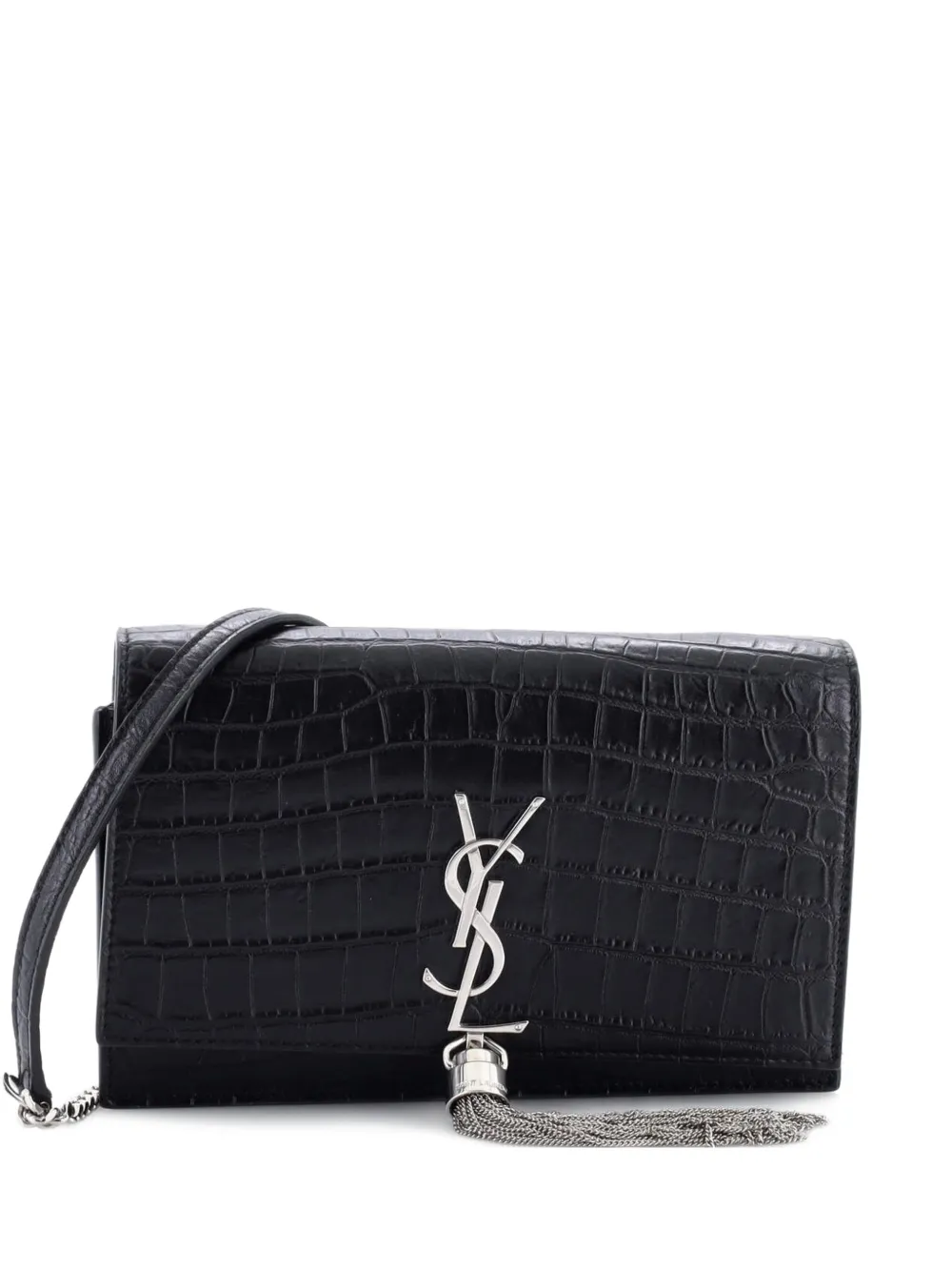 Saint Laurent Pre-Owned Classic Monogram Tassel Chain Wallet Crocodile Embossed Leather crossbody bag - Nero