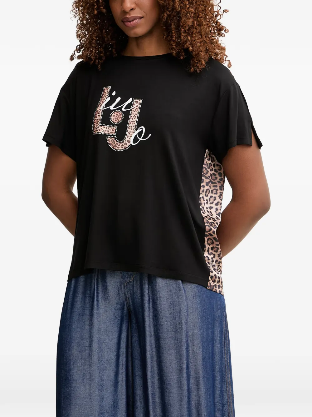 LIU JO leopard-print rhinestone-embellished T-shirt - Nero