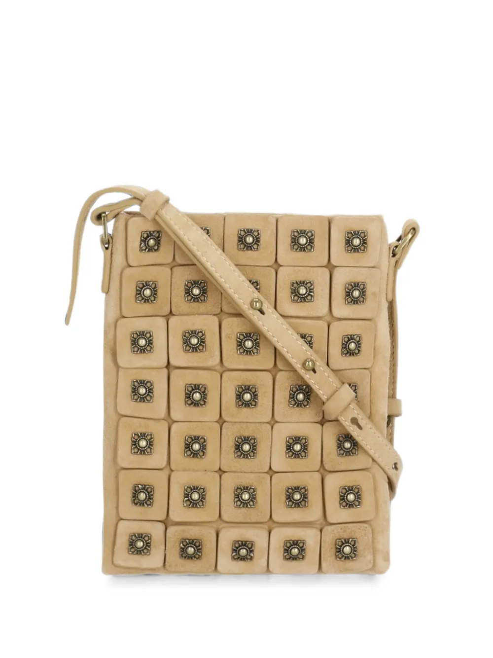 Ash studded square-patch shoulder bag - Nude