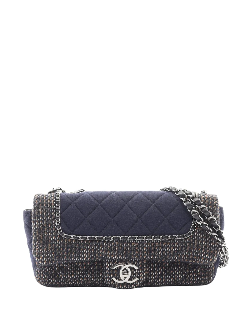 CHANEL Pre-Owned 2014-2015 Jumbo Quilted Jersey and Tweed Chain Flap shoulder bag - Blu