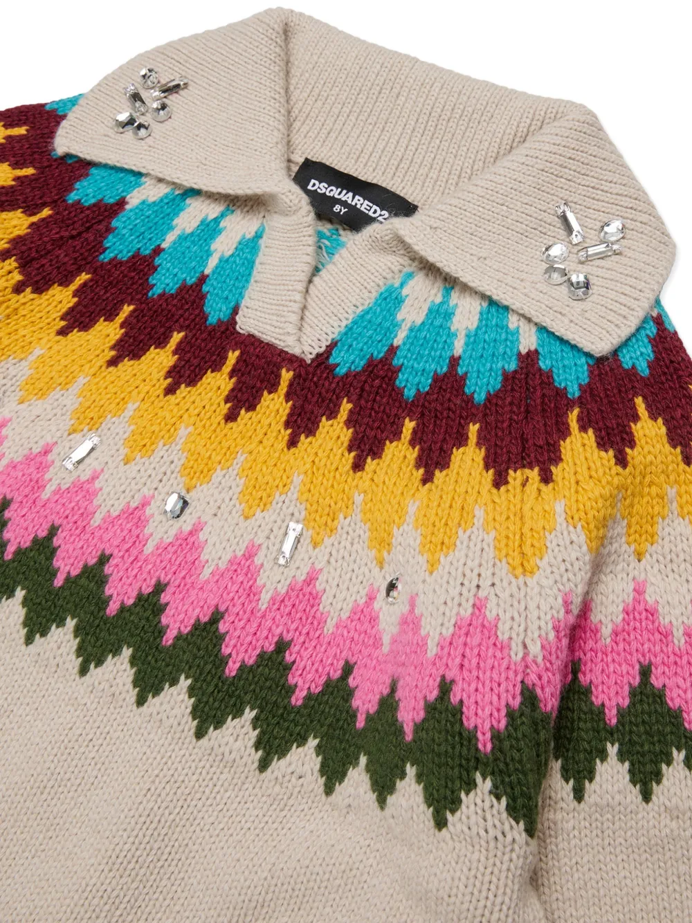 DSQUARED2 KIDS Kabelgebreide trui verfraaid met kristallen Beige