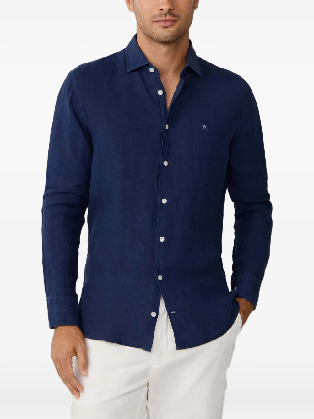 Hackett Logo-embroidered Linen Shirt In Blue