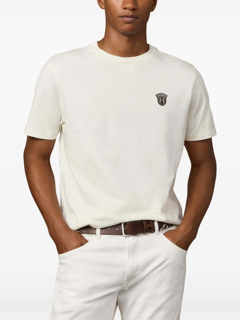 Hackett London T-shirt met ronde hals en badge Beige
