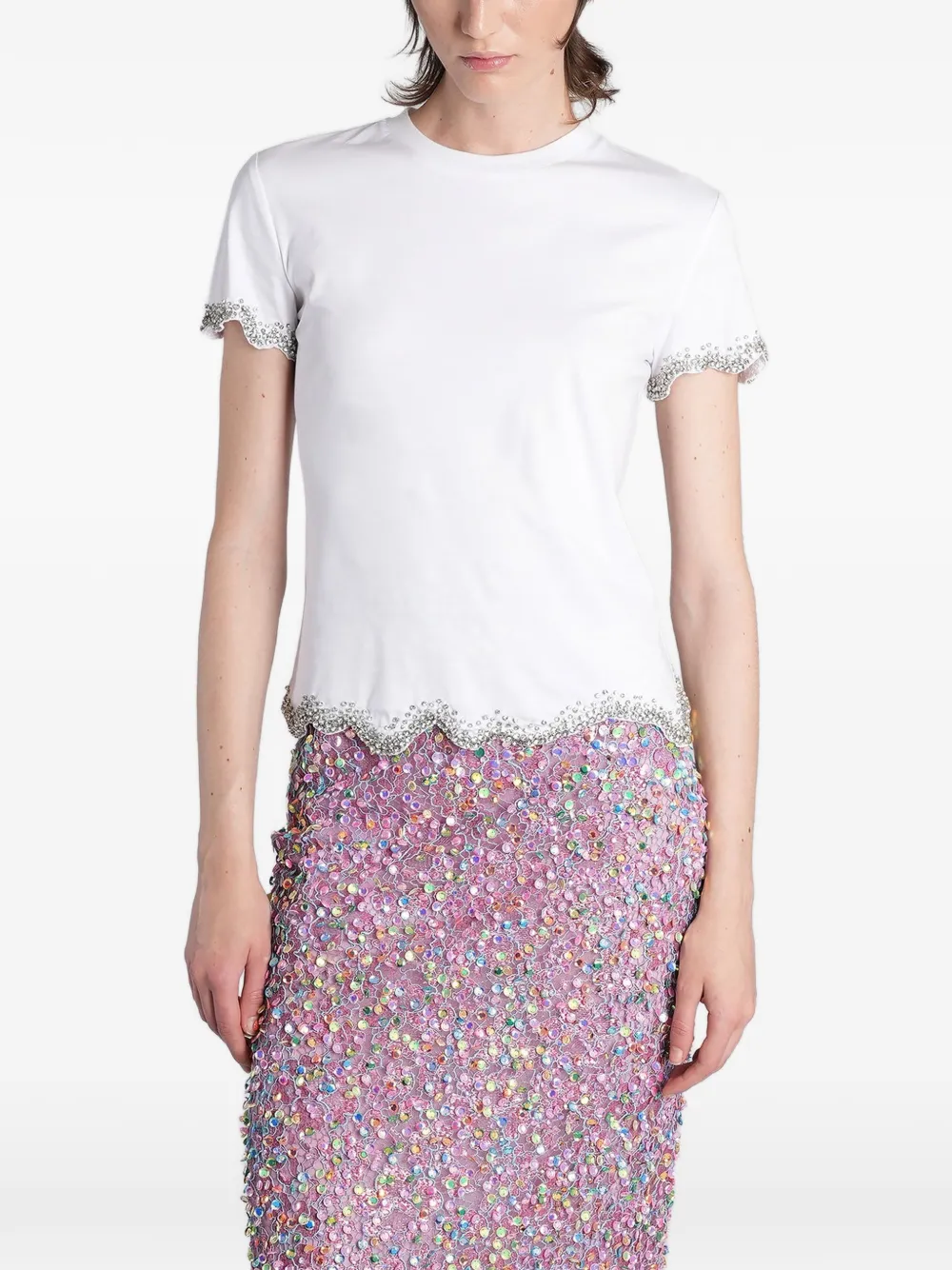 Costarellos crystal-embellished scalloped T-shirt - Bianco
