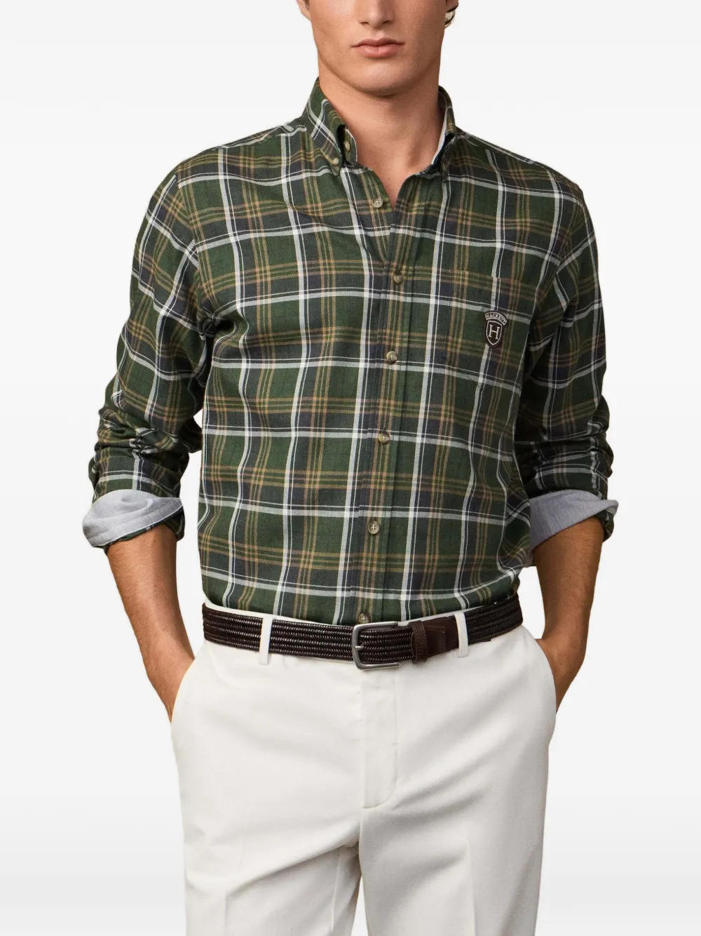 Hackett London Geruit overhemd met elleboogpatch Groen
