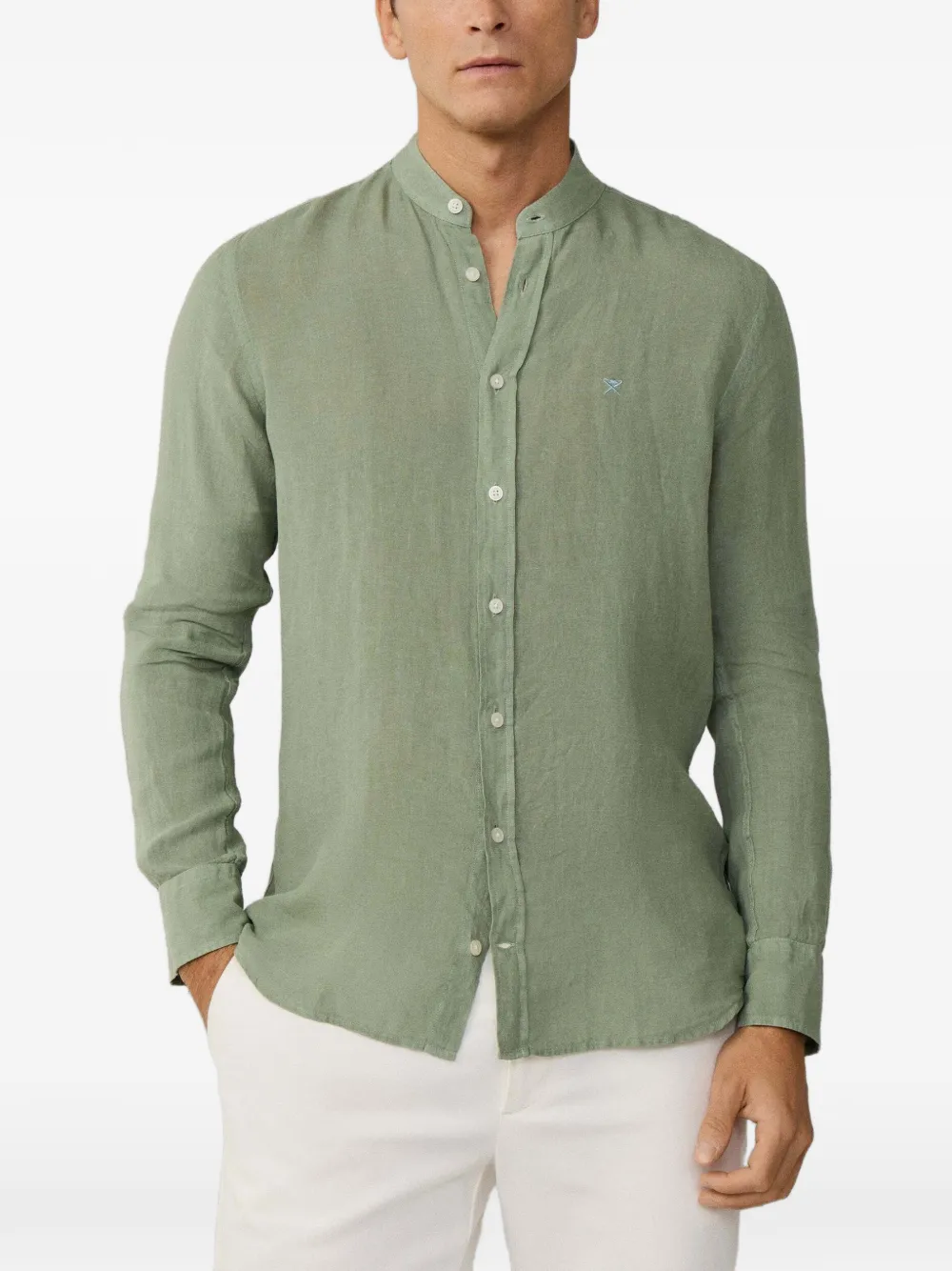 Hackett Linen Band-collar Shirt In Green