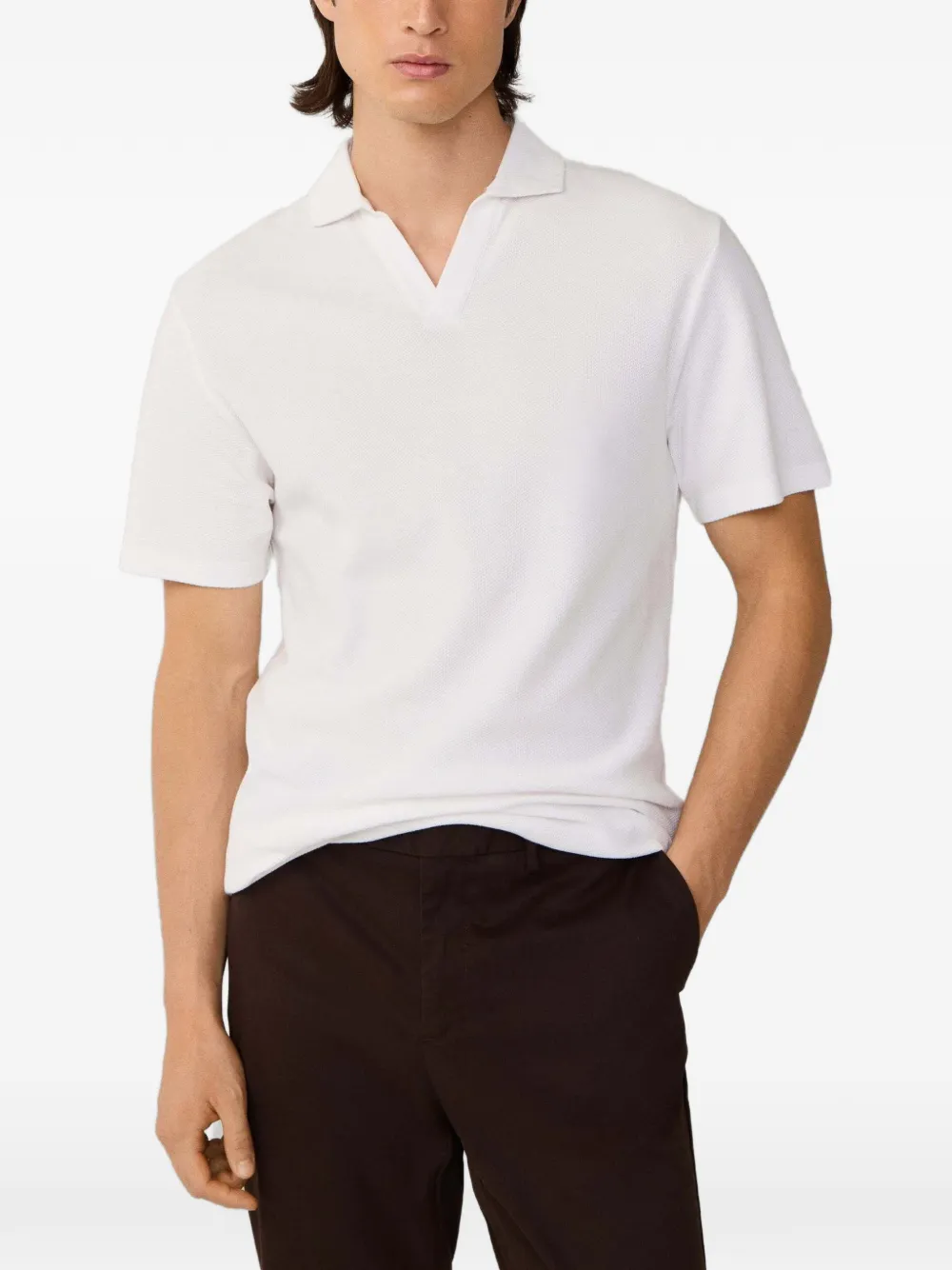 Hackett London Honingraat-gebreid T-shirt met Johnny-kraag Wit