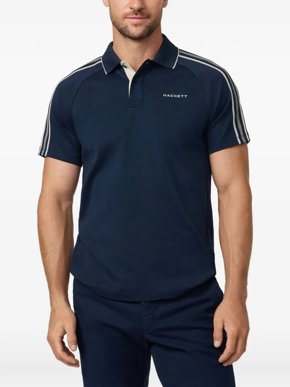 Hackett Logo-embroidered Taped-sleeve Polo Shirt In Blue