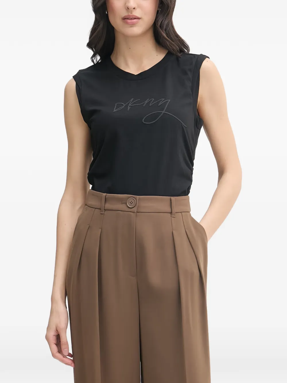 DKNY logo-print ruched-side T-shirt - Nero