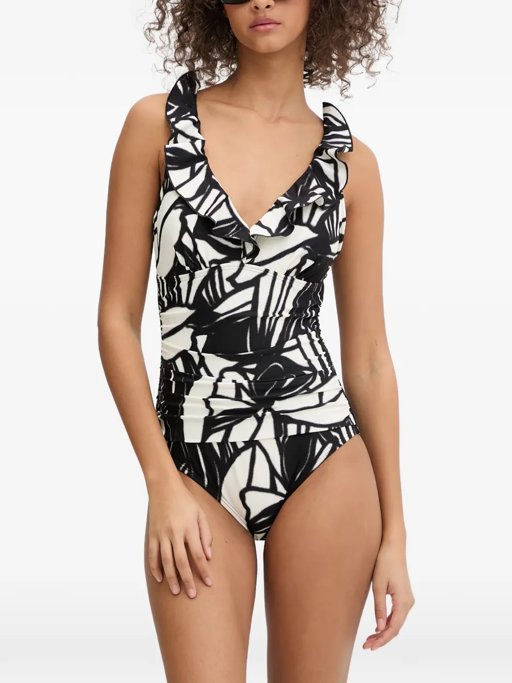 DKNY Badpak met ruches en abstracte print Wit