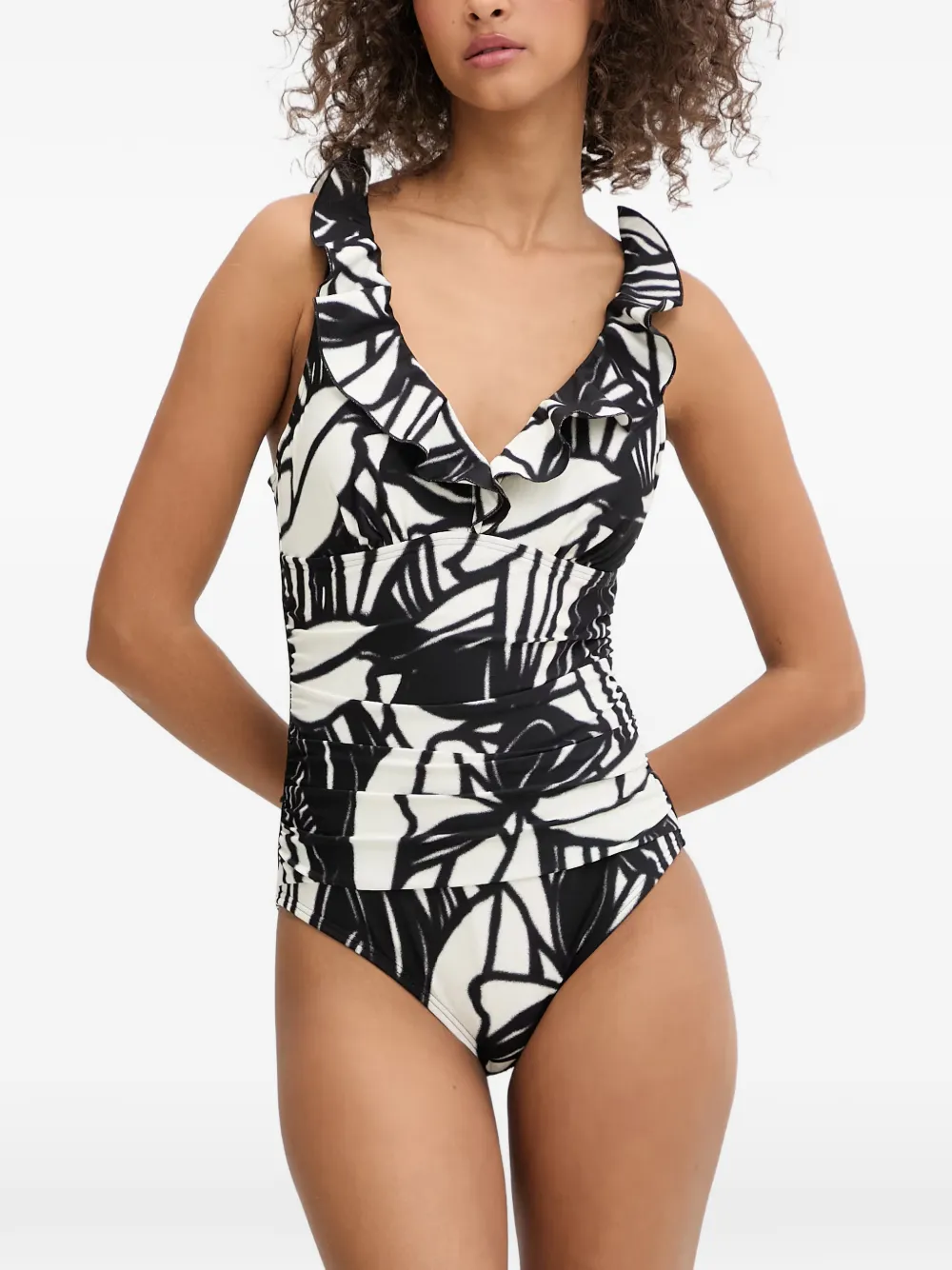 DKNY abstract-print ruffled swimsuit - Weiß