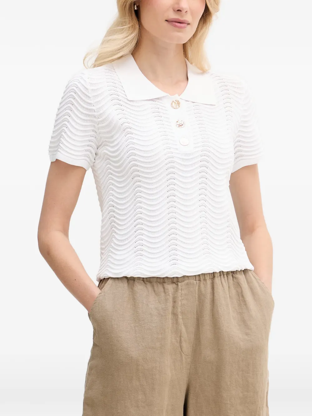 Joseph Ribkoff wavy-knit button-up polo shirt - Bianco
