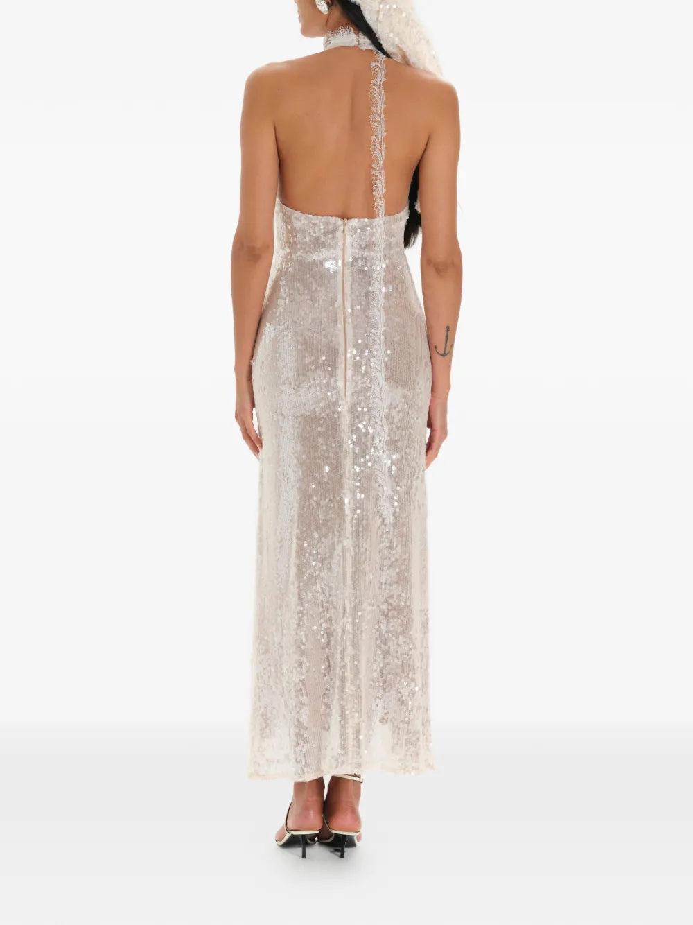MANURÍ Pixie maxi-jurk verfraaid met pailletten en kant Beige