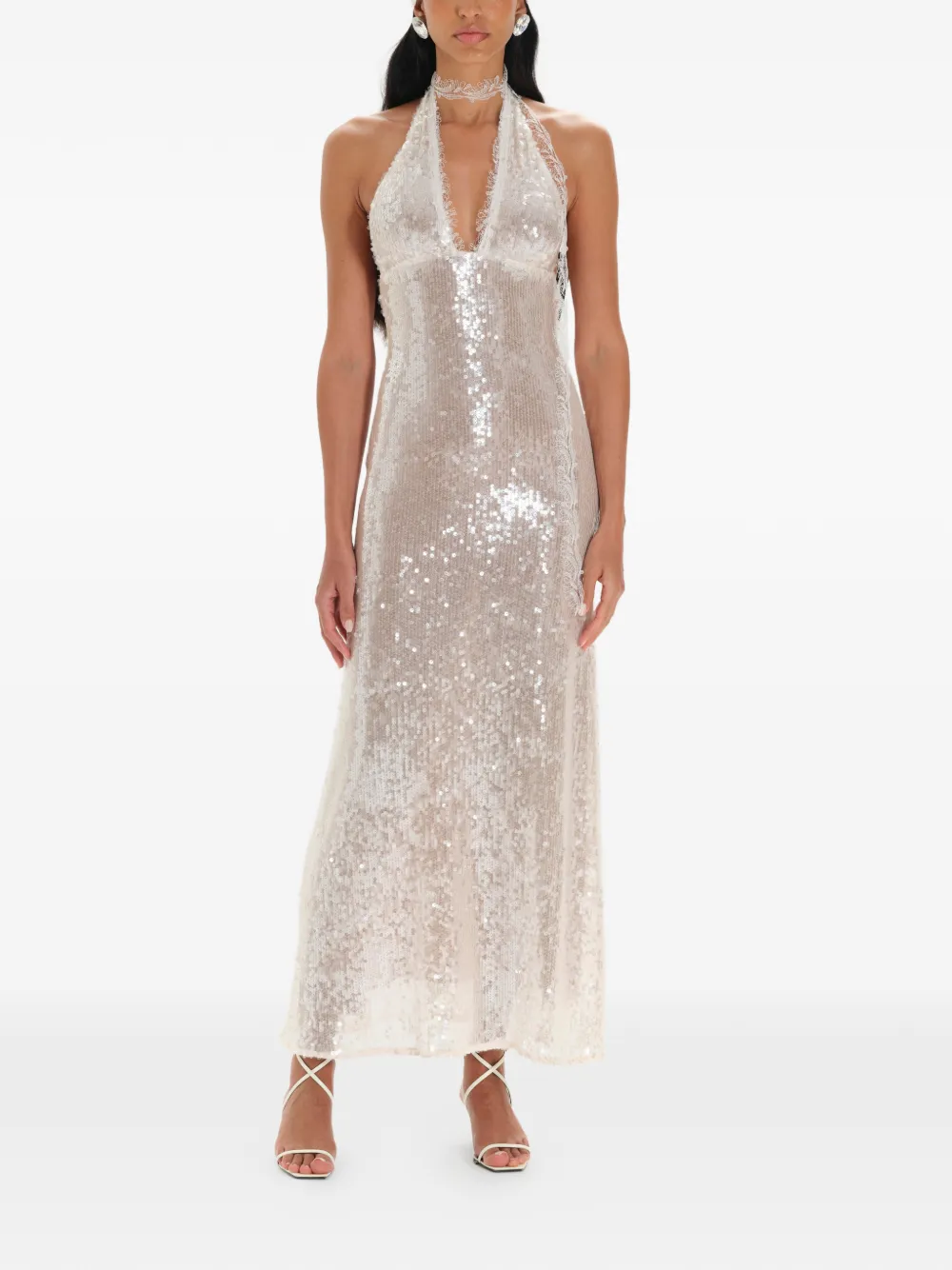 MANURÍ Pixie maxi-jurk verfraaid met pailletten en kant Beige