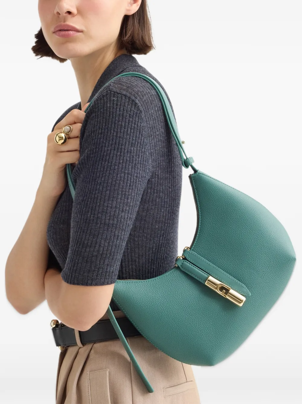 Furla Goccia leren schoudertas met textuur Groen