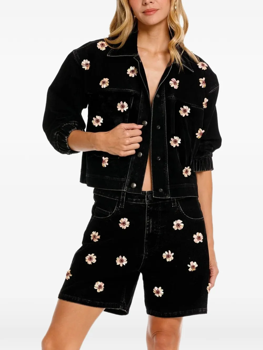 Agua Bendita Rosel floral-applique denim jacket - Nero