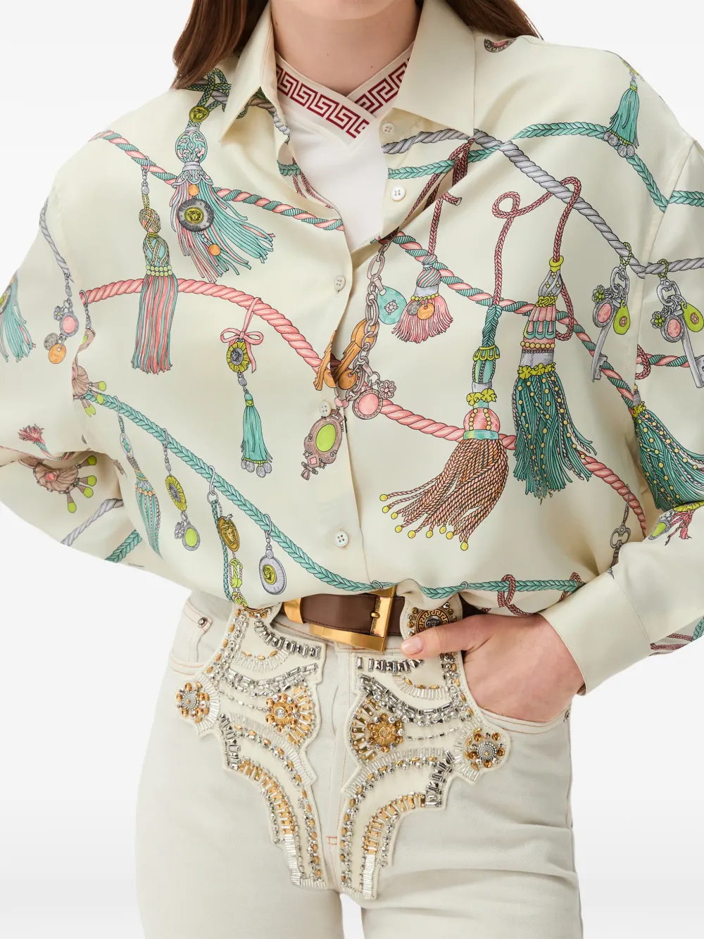 Versace Zijden twill blouse met print Beige