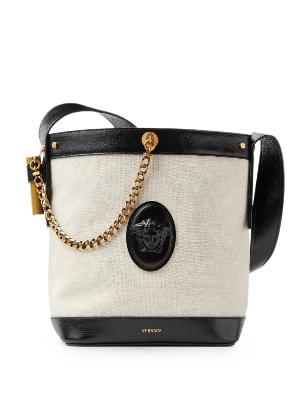 Versace Pivot Small Canvas Bucket Bag in Neutrals