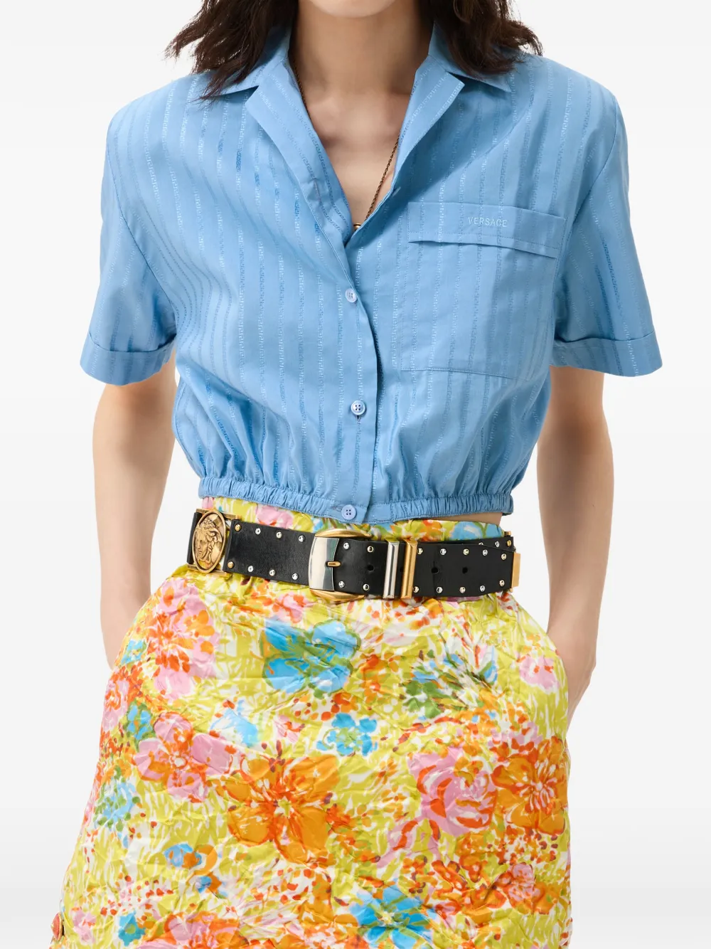Versace Katoenen zijden cropped blouse met jacquard Blauw