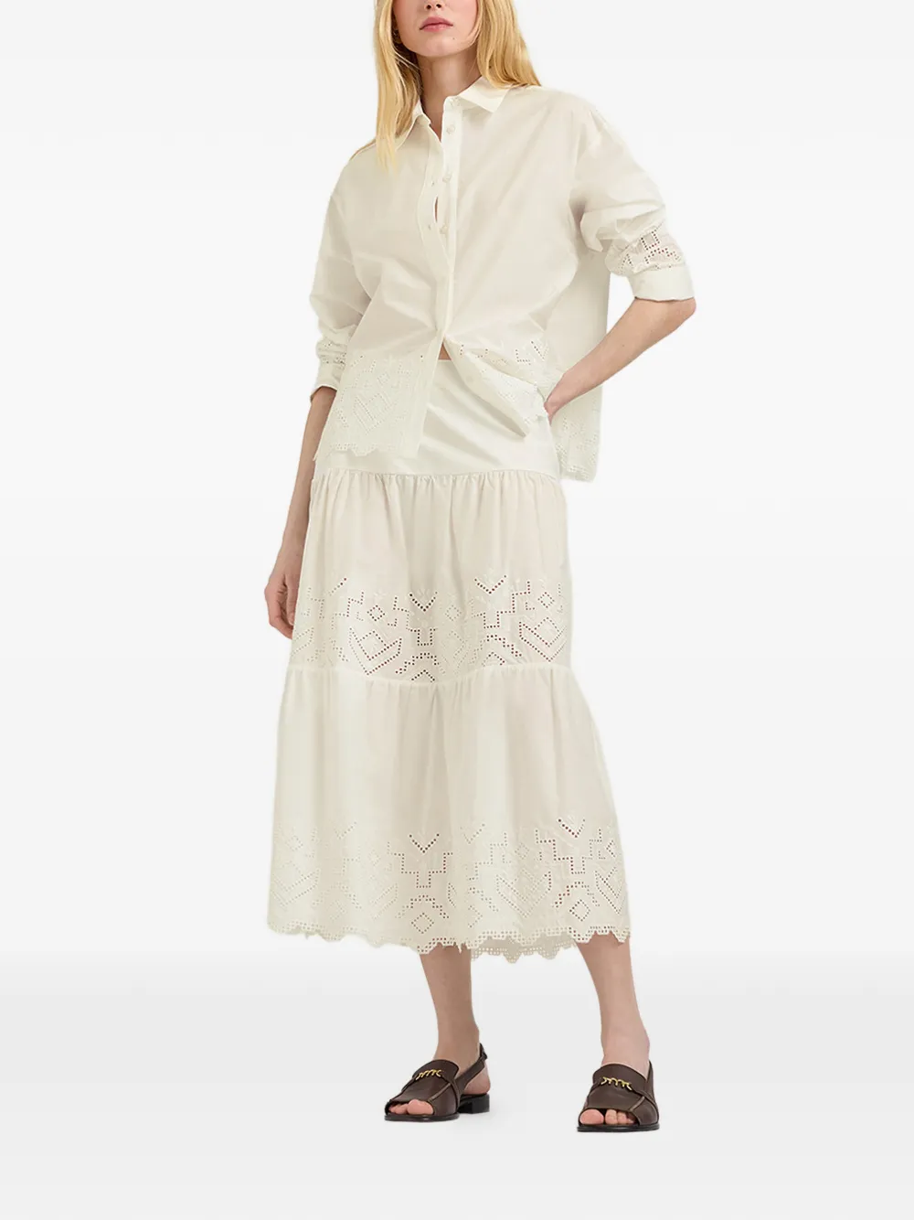 MOMONÌ Reina gelaagde maxi-rok met broderie anglaise Beige