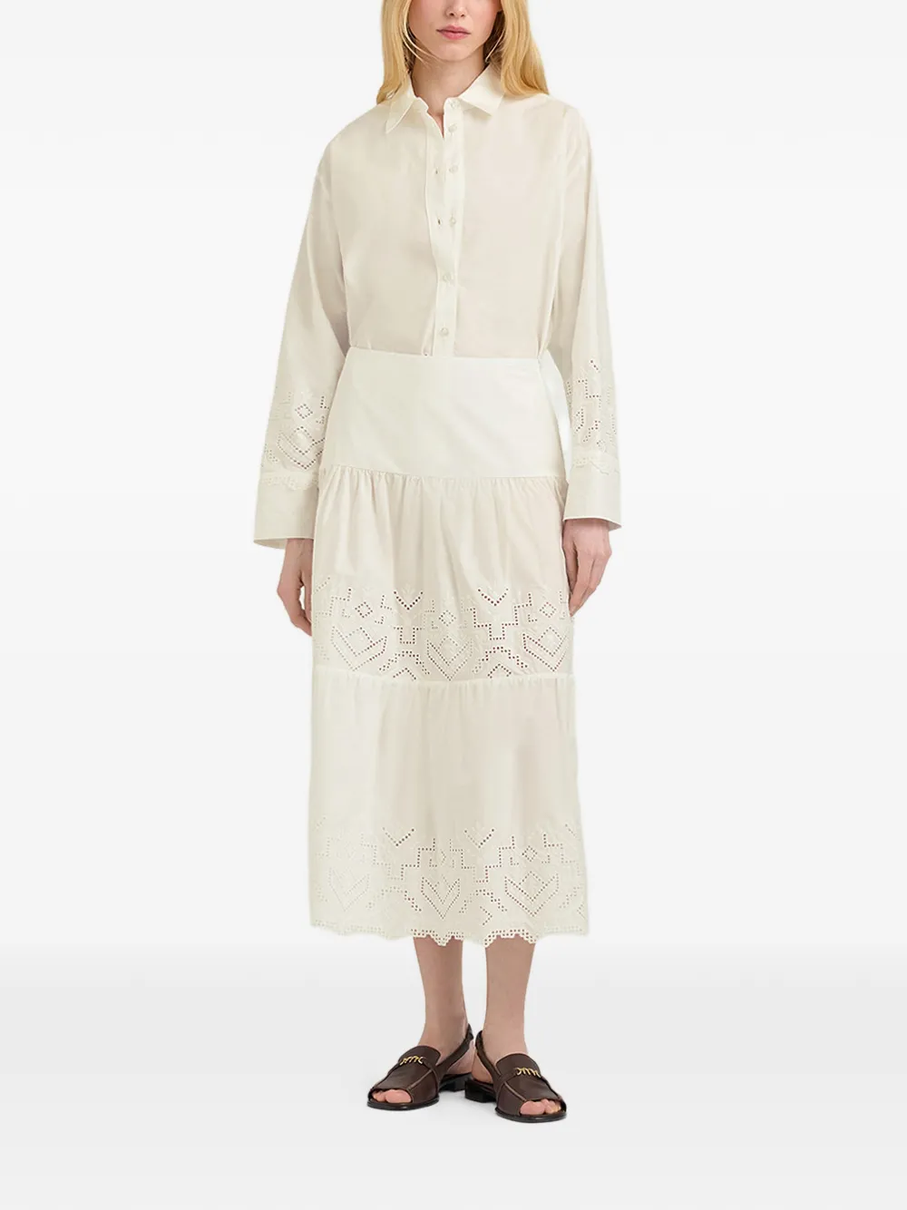 MOMONÌ Reina gelaagde maxi-rok met broderie anglaise Beige