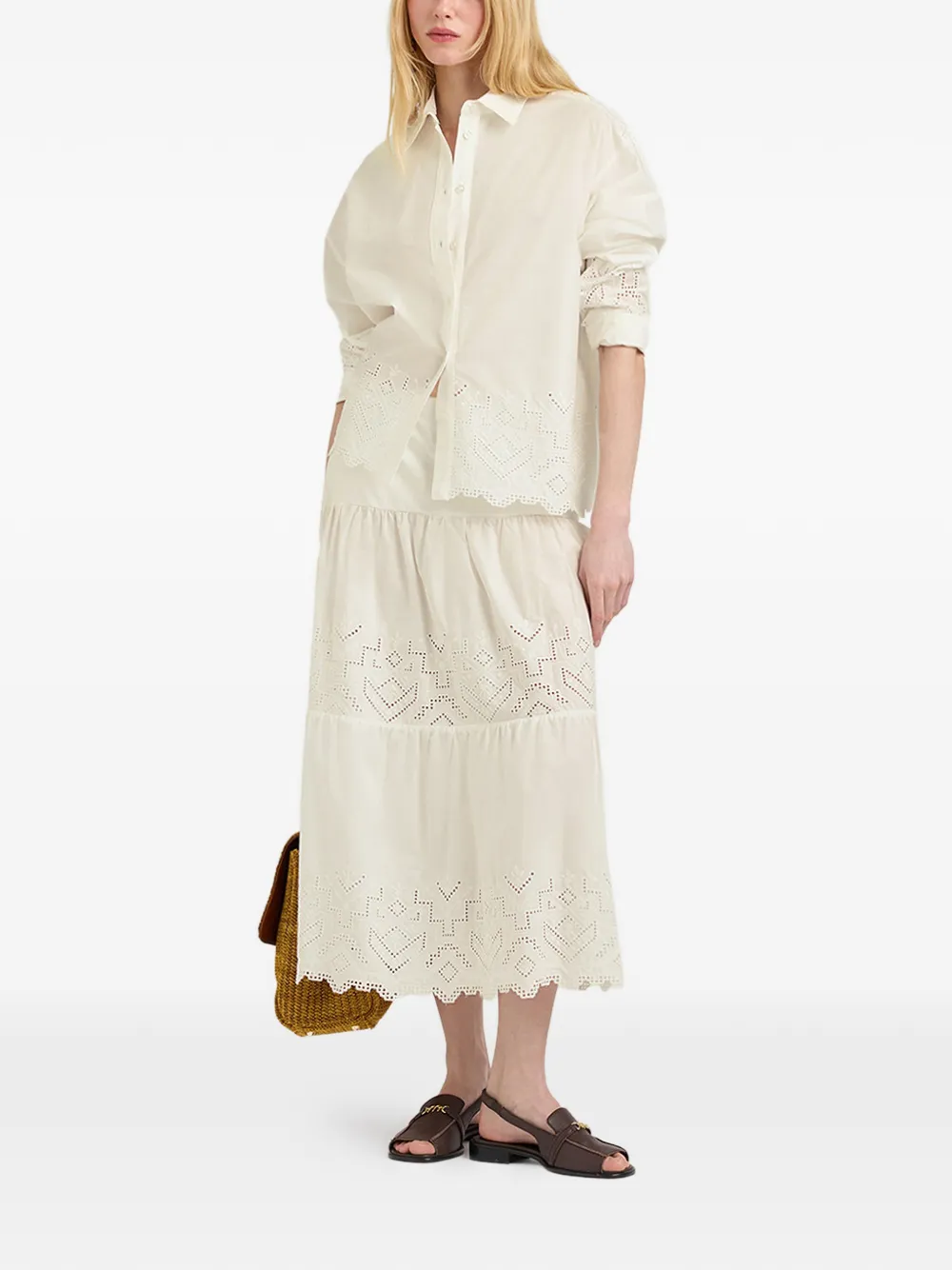 MOMONÌ Reina gelaagde maxi-rok met broderie anglaise Beige
