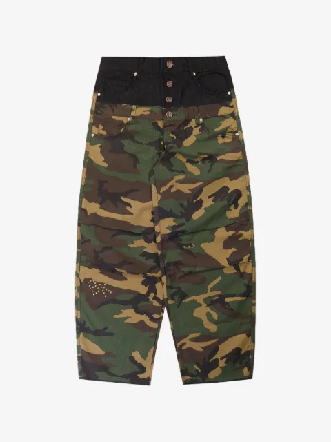 Boredom Kills double-waisted camouflage-print trousers