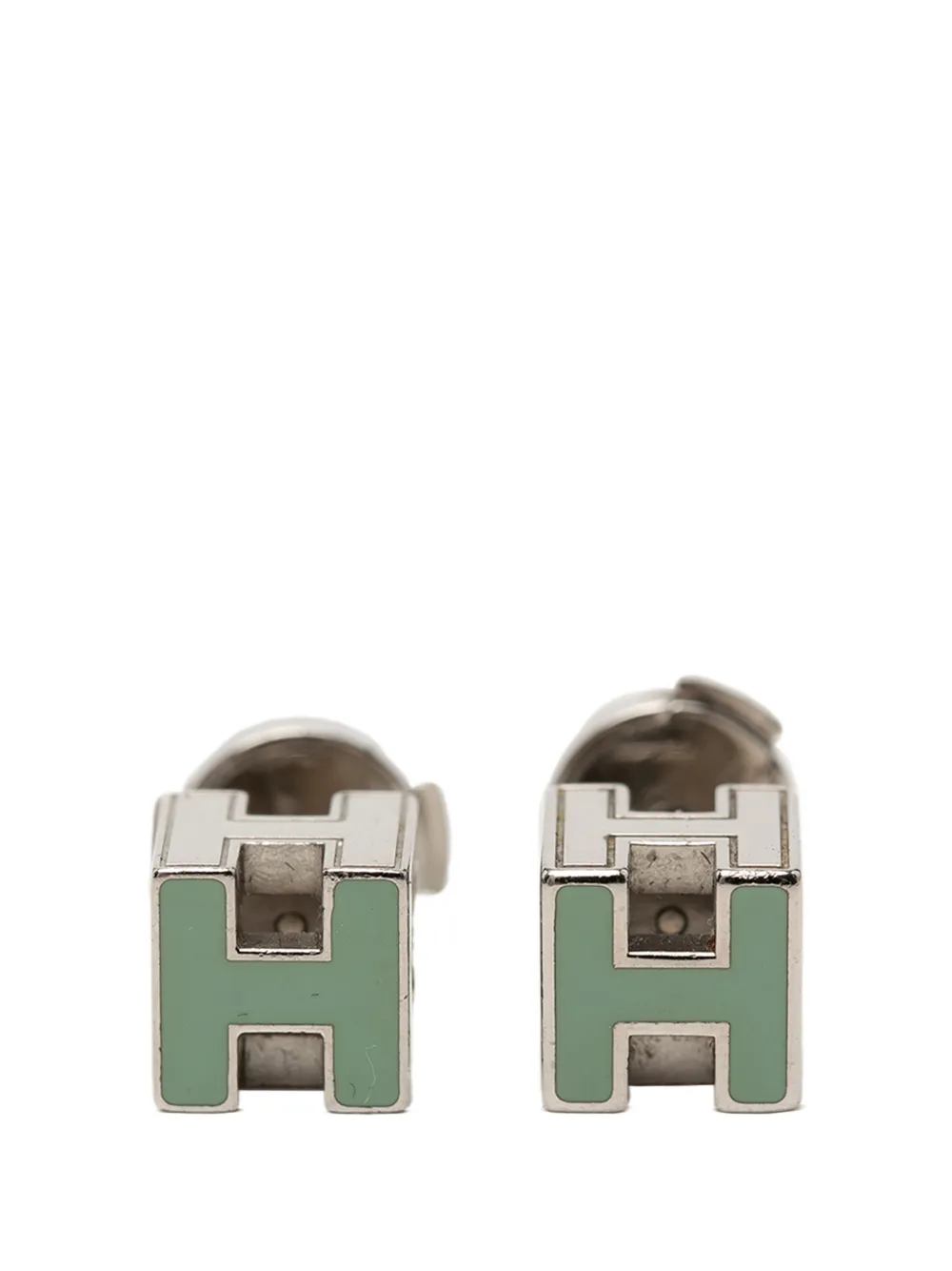 Hermès Pre-Owned 2000-2026 Palladium Plated Enamel Cage dH Cube Push Back Earrings costume earrings - Verde