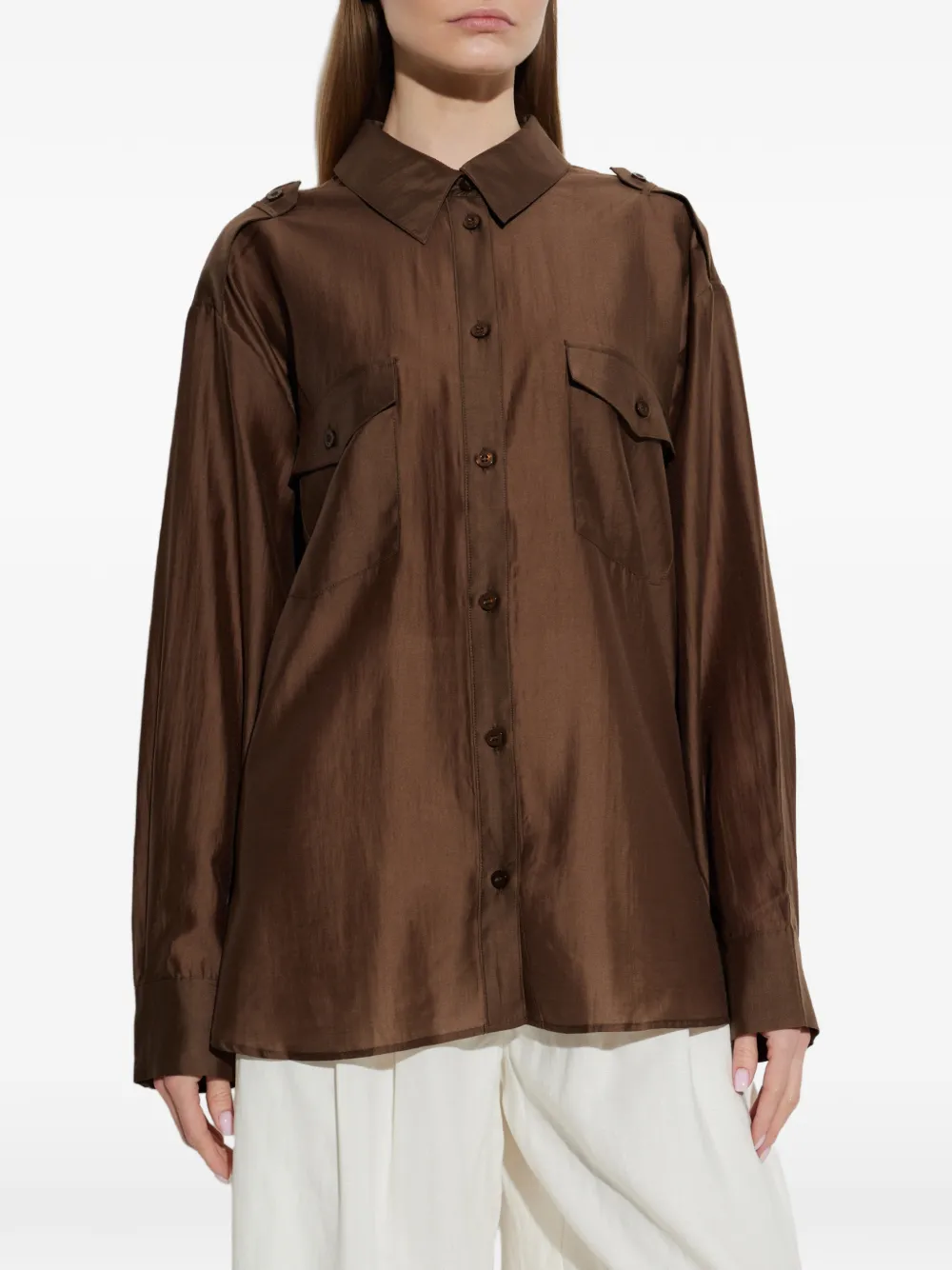 Gestuz Siora blouse met borstzak en epauletten Bruin