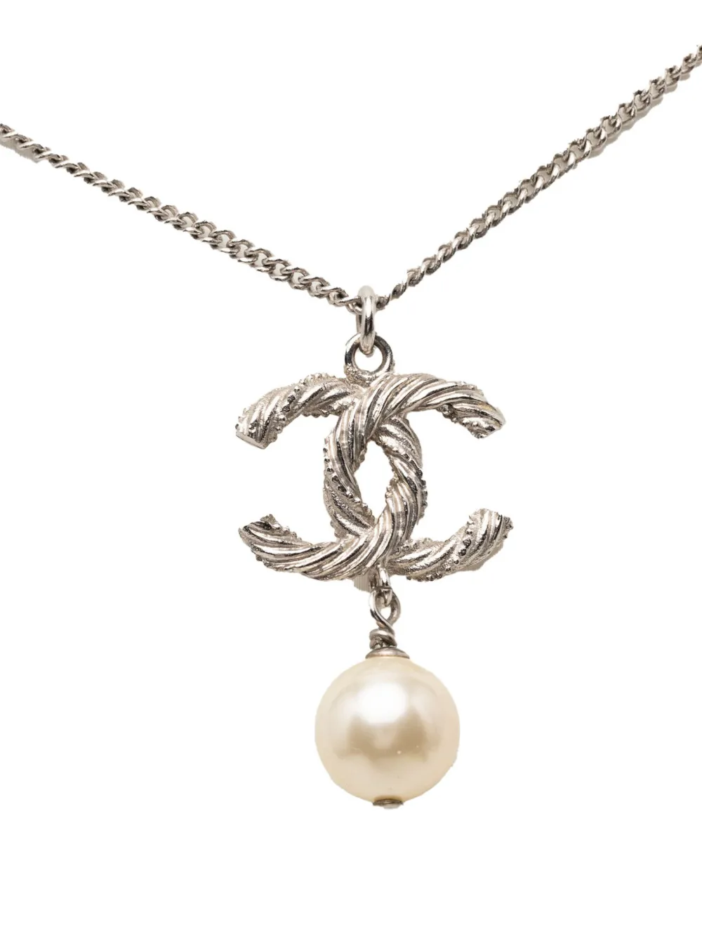 CHANEL Pre-Owned 2013 CC Brass Strass Faux Pearl Pendant Necklace costume necklace - Silver