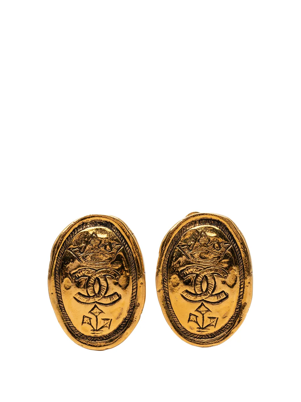 CHANEL Pre-Owned 1980-1990 CC Gold Plated Oval Crown Earrings costume earrings - Oro
