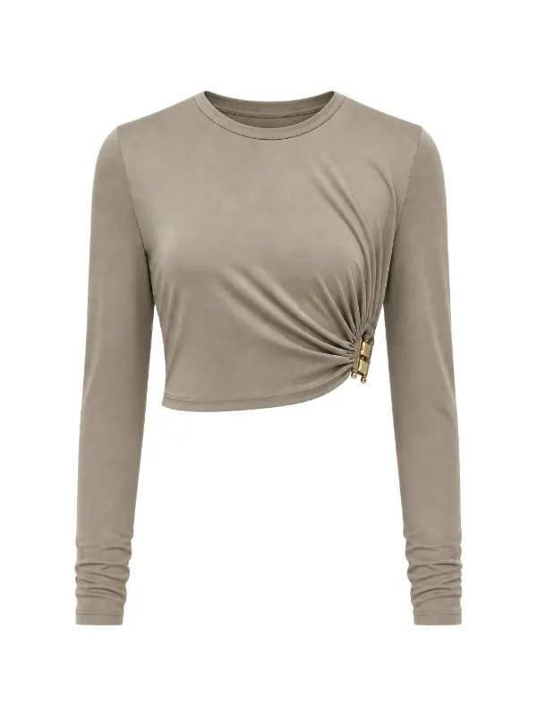 Christopher Esber Bezel Quartz Ruched Long-sleeve Cropped T-shirt in Grey