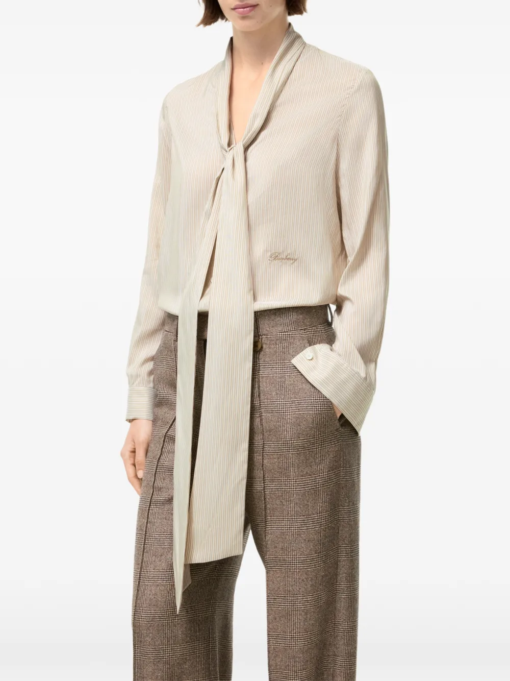Burberry Gestreepte zijden sjaalblouse Beige