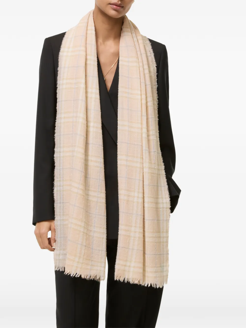Burberry Wide Embellished Check Wool Silk Blend Scarf in Neutrals, view 2