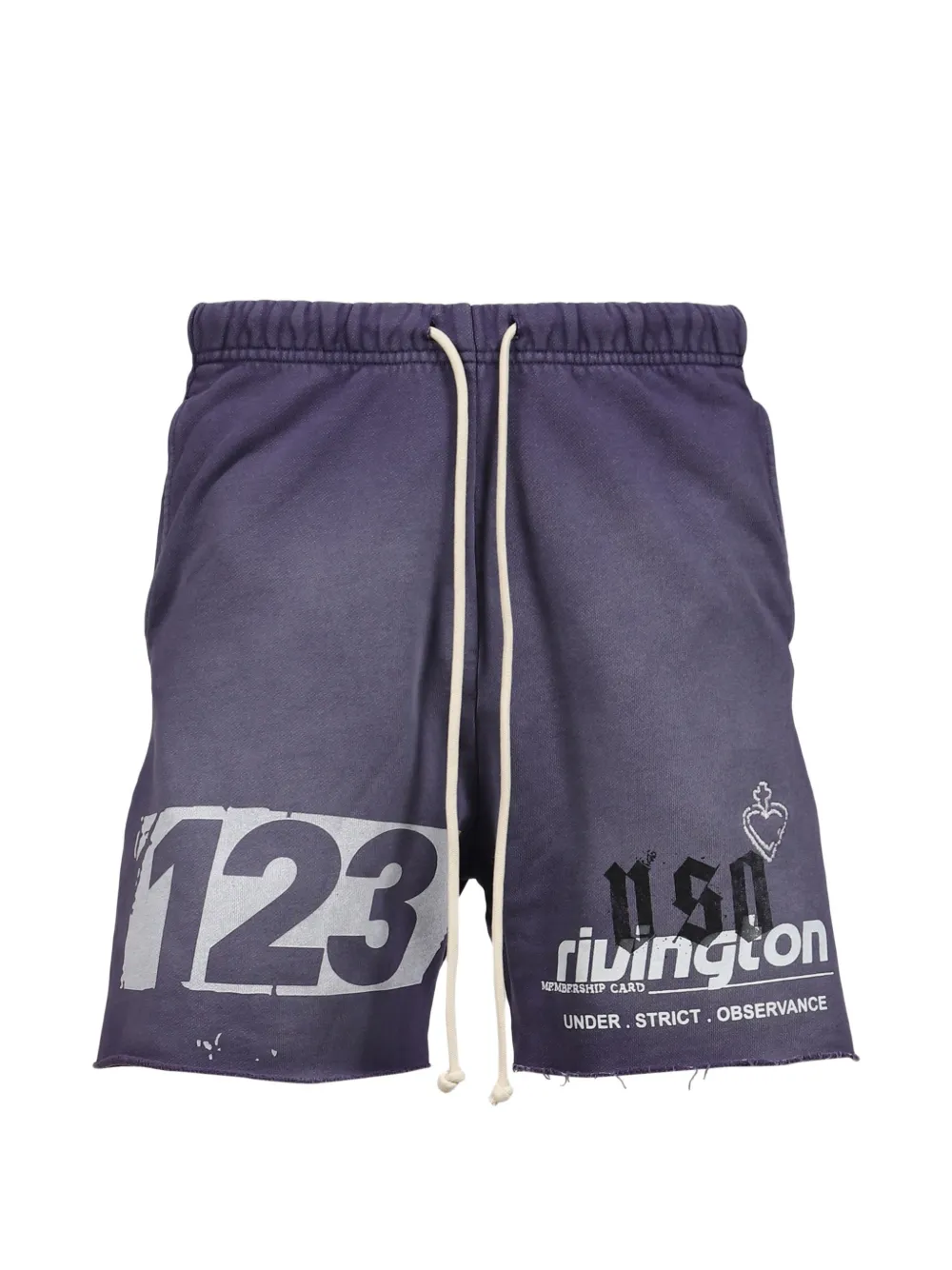 RRR123 Membership USO graphic-print raw-edge shorts - Viola