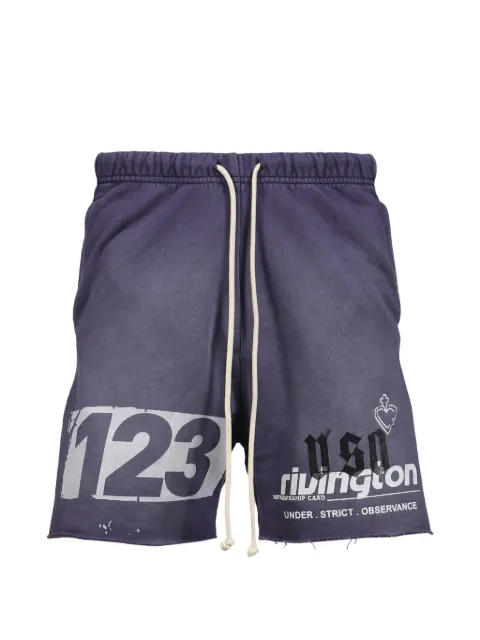 RRR123 Membership USO graphic-print raw-edge shorts