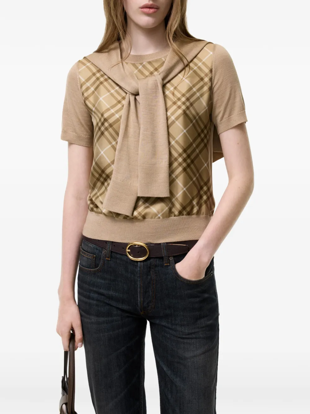 Burberry Zijden wollen T-shirt met geruit vlak Beige