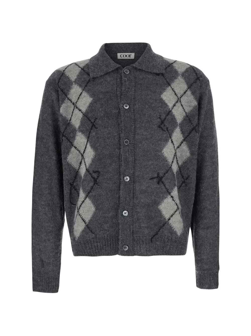 Coor Argyle-patterned Collared Cardigan In Gray