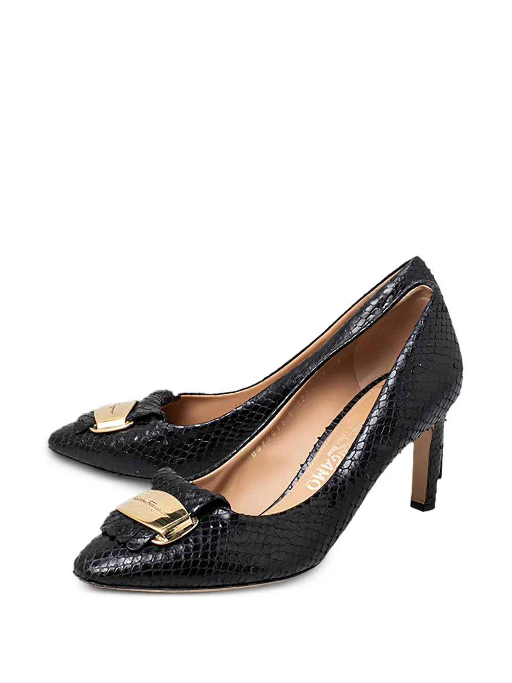 Pre-owned Ferragamo Python-embossed Logo Pumps In Black
