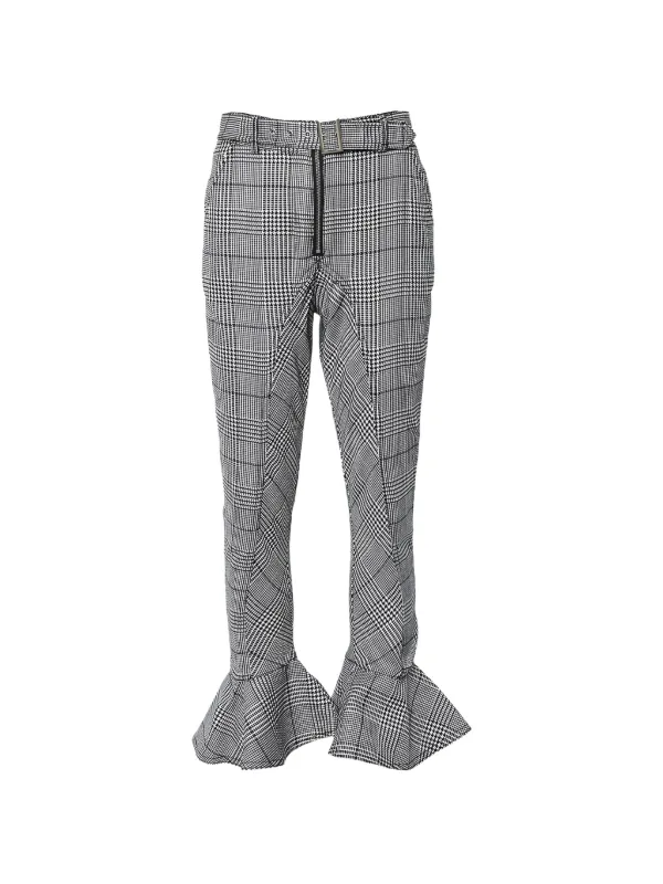 Self-Portrait Checkered Ruffled-hem Trousers in Grey
