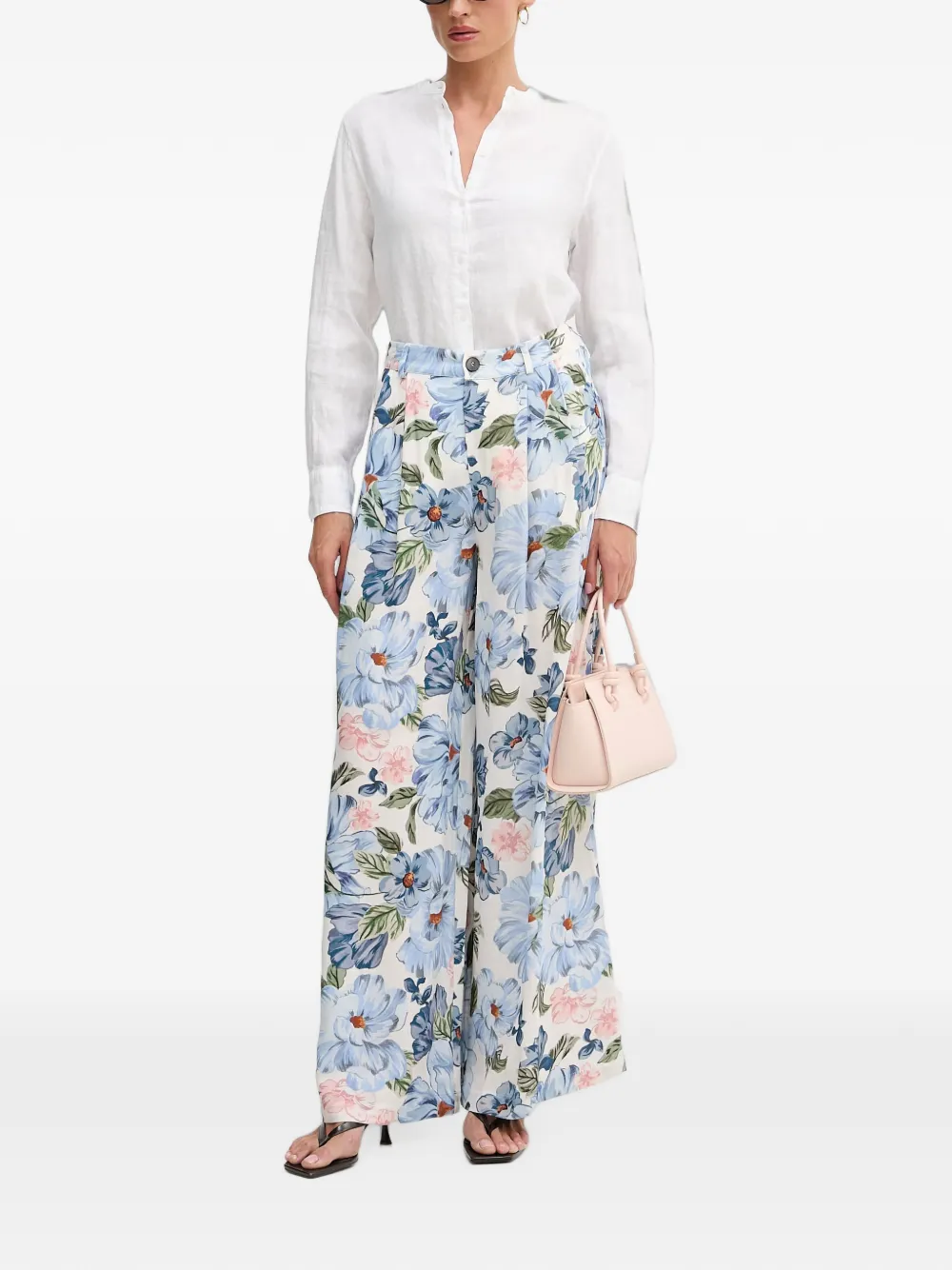 OUI Palazzo broek met plooien en bloemen-print Wit