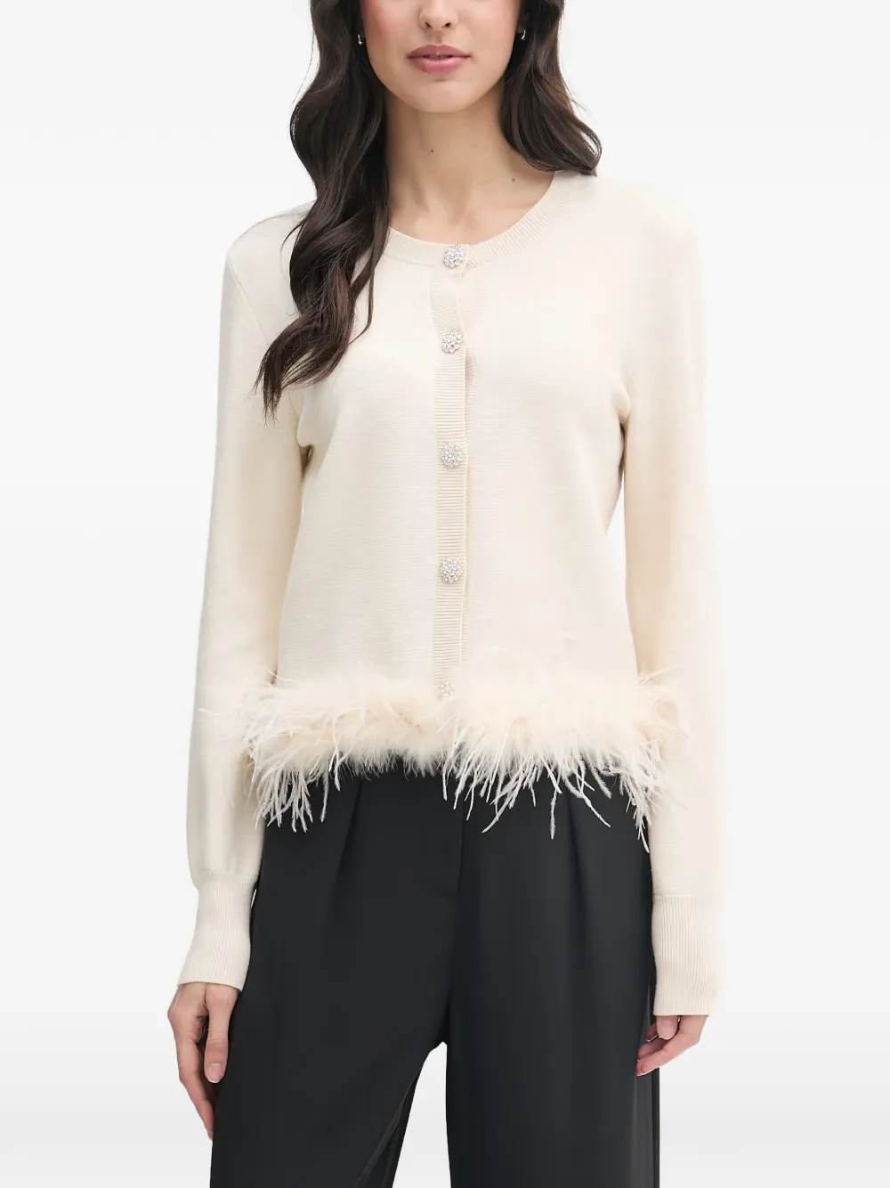 OUI faux-feather-trim crystal-embellished cardigan