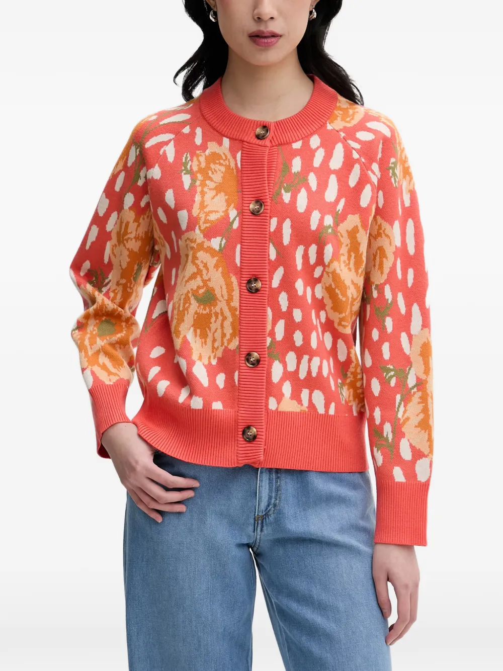 Never Fully Dressed Floral-print Intarsia-knit Cardigan In 오렌지