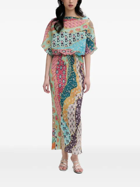 NEVER FULLY DRESSED plissé patchwork-print midi dress