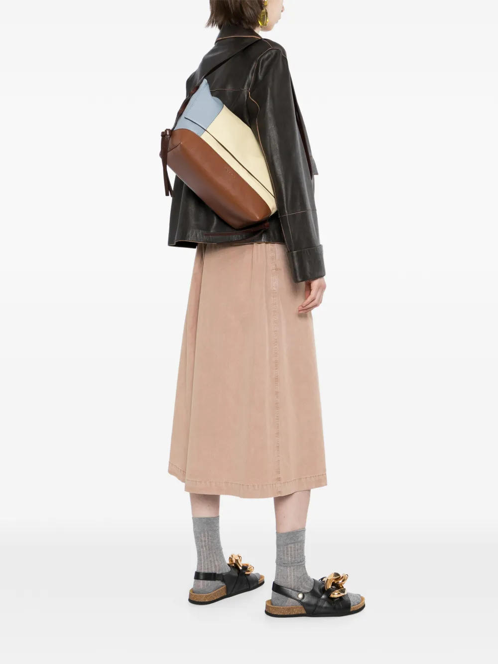 Marni Leren schoudertas met colourblocking Beige