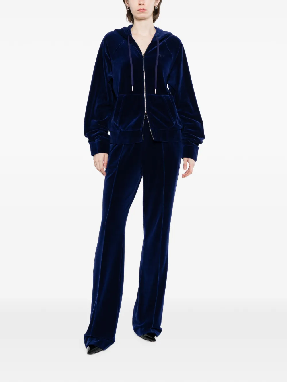 TOM FORD Ton-sur-ton TF hoodie van velours met borduurwerk en rits Blauw