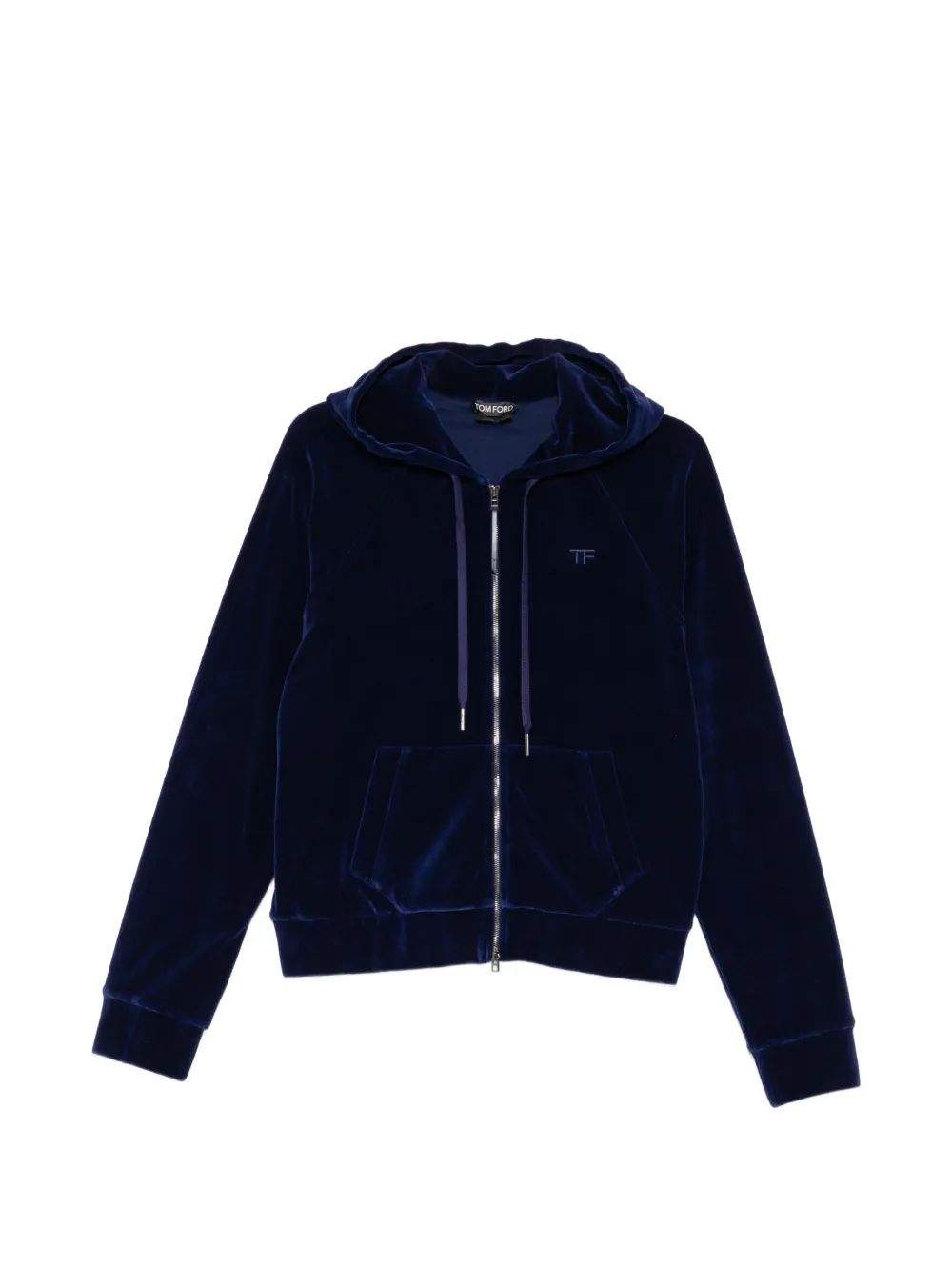 TOM FORD velour tonal TF embroidered zip hoodie - Blue